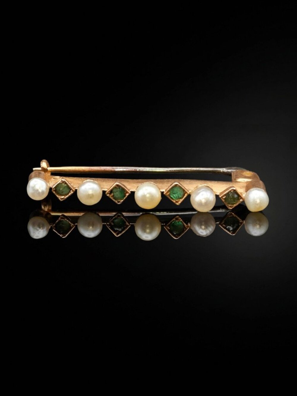 Edwardian 14K Gold Green Paste Glass and Pearl Bar Brooch